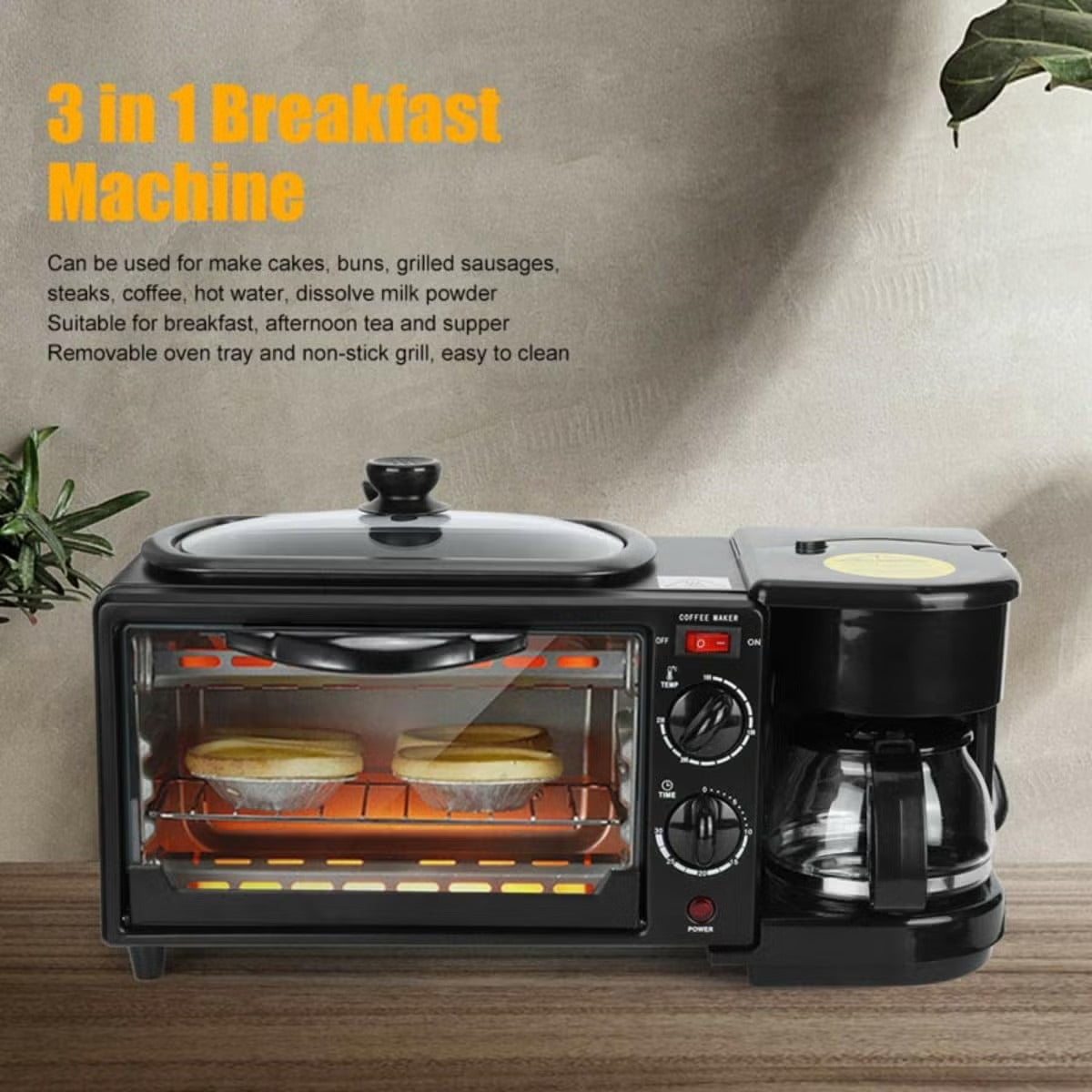 3-in-1 Breakfast Maker: Electric Oven, Griddle Pan & Coffee
